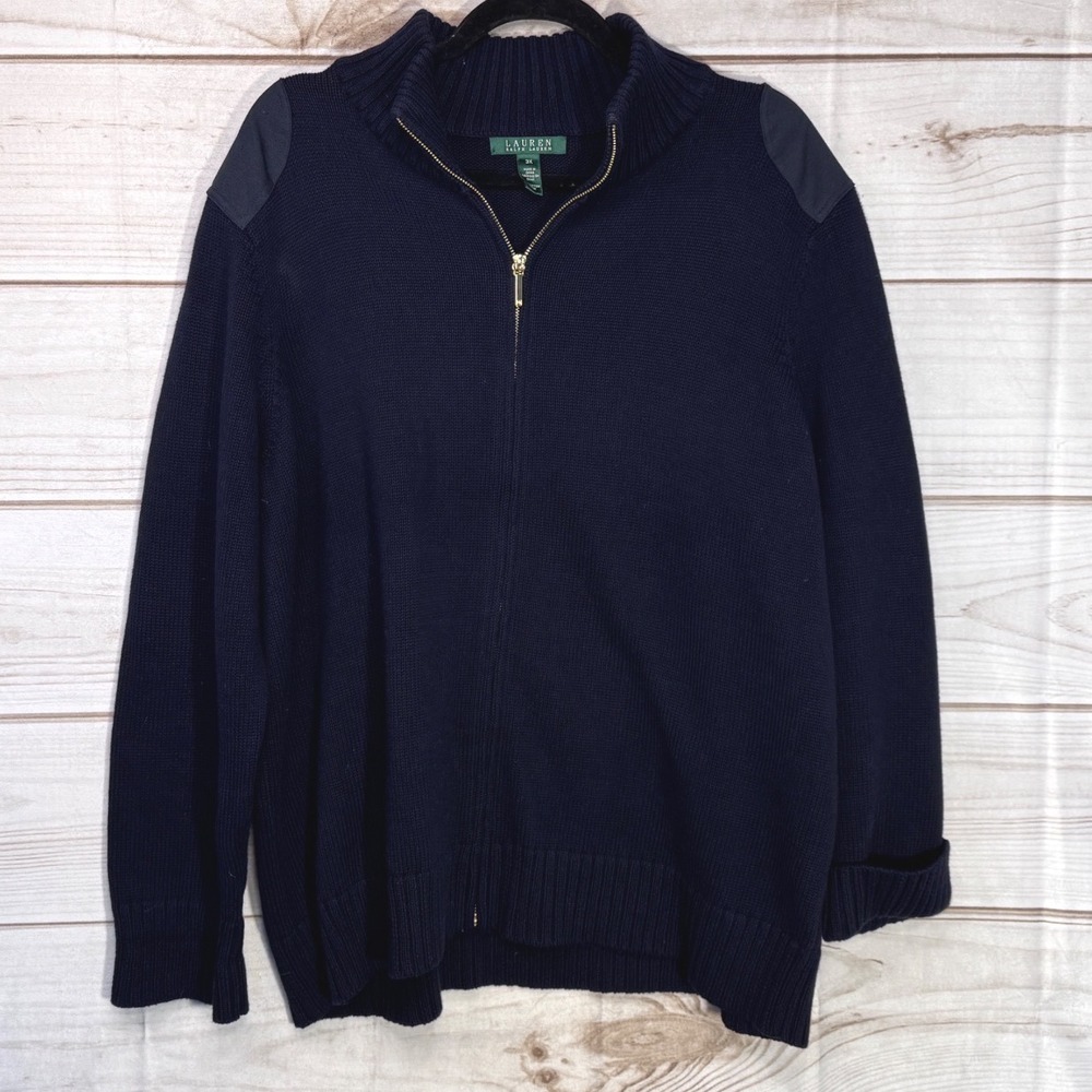 Lauren Ralph Lauren Navy Blue Full Zip Cotton Sweater Shoulder Patches 3X Womens